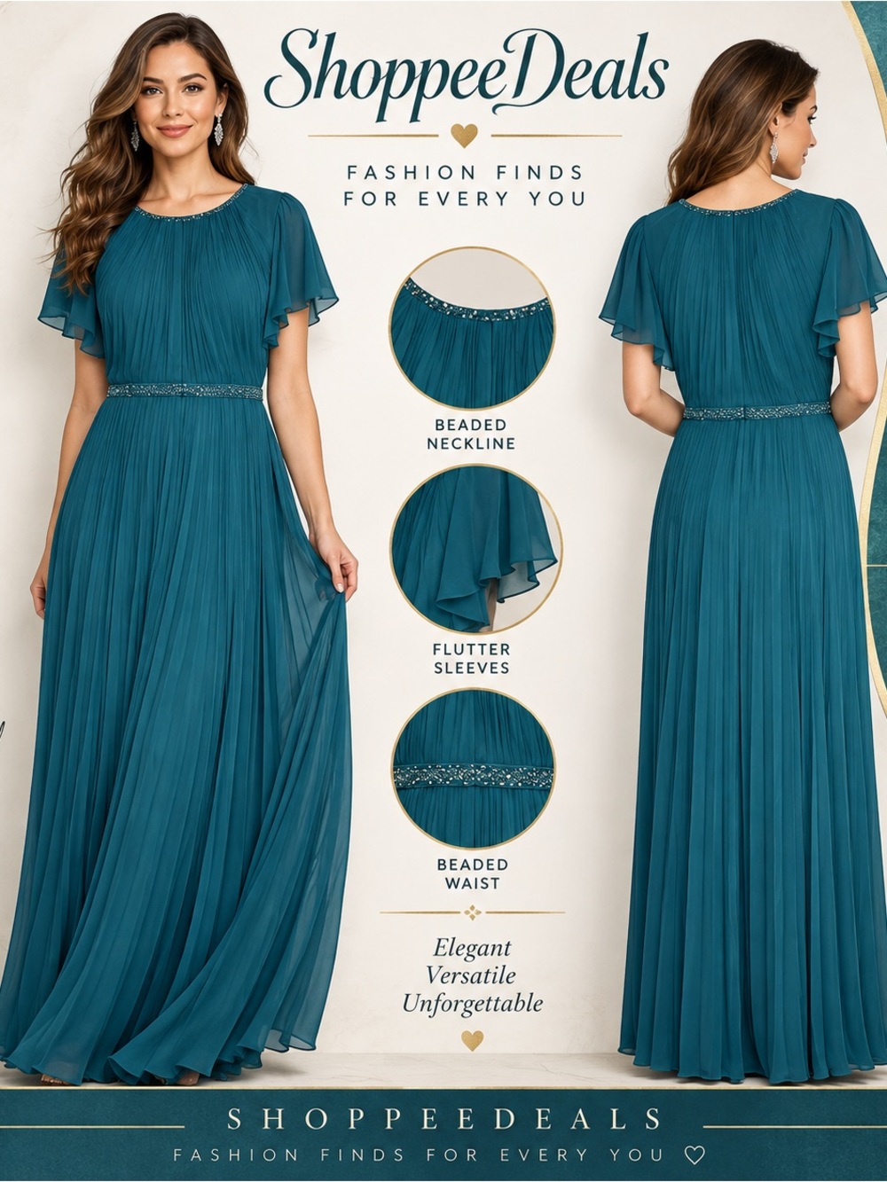 Teal Pleated Beaded Waist Flutter Sleeve Maxi Gown
